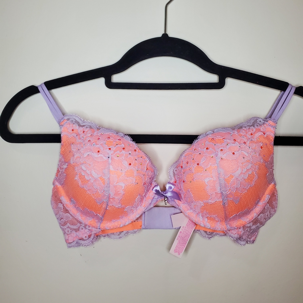Victoria's Secret Very Sexy Plunge Push-up Lace Bra in Orange and Lilac Size 32C